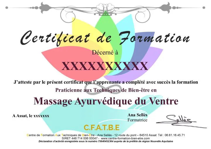 Certificat de formation en massage ayurvédique du ventre délivré par le CFATBE en distanciel