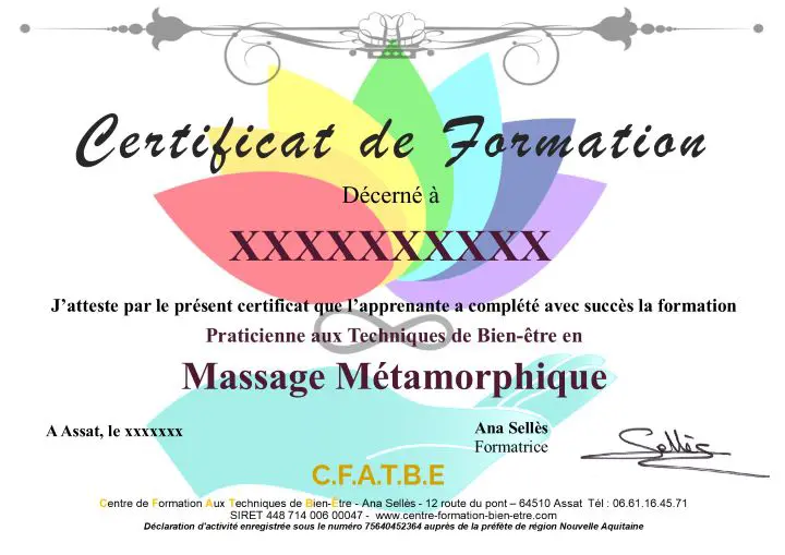 Certificat de formation en massage métamorphique délivré par le Centre de Formation aux Techniques de Bien-être