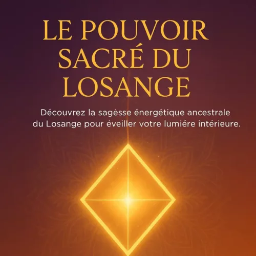 Image lumineuse représentant le pouvoir sacré du losange, symbole énergétique doré sur fond mandala violet et orange, avec le texte « Le pouvoir sacré du losange – Découvrez la sagesse énergétique ancestrale du Losange pour éveiller votre lumière intérieure. »