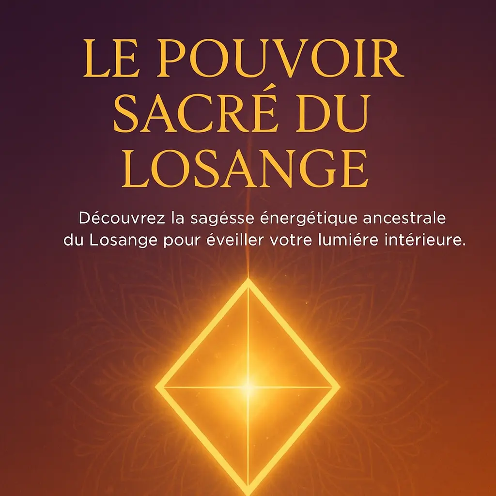 Image lumineuse représentant le pouvoir sacré du losange, symbole énergétique doré sur fond mandala violet et orange, avec le texte « Le pouvoir sacré du losange – Découvrez la sagesse énergétique ancestrale du Losange pour éveiller votre lumière intérieure. »