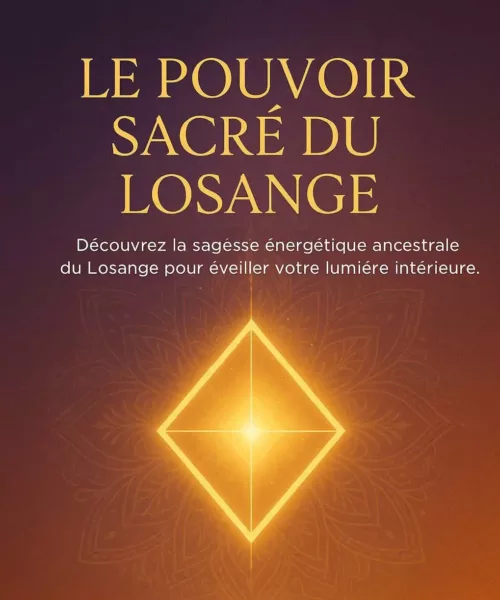 Image lumineuse représentant le pouvoir sacré du losange, symbole énergétique doré sur fond mandala violet et orange, avec le texte « Le pouvoir sacré du losange – Découvrez la sagesse énergétique ancestrale du Losange pour éveiller votre lumière intérieure. »