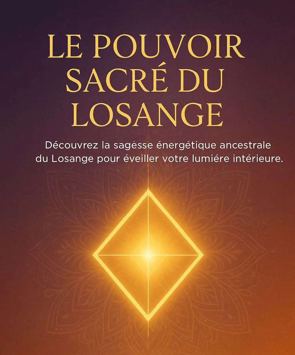 Image lumineuse représentant le pouvoir sacré du losange, symbole énergétique doré sur fond mandala violet et orange, avec le texte « Le pouvoir sacré du losange – Découvrez la sagesse énergétique ancestrale du Losange pour éveiller votre lumière intérieure. »